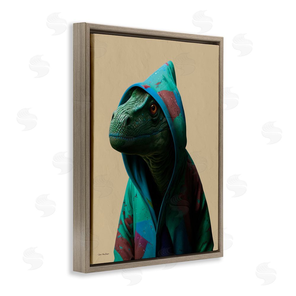 Seven Trees Design Dinosaur in Stylish Hoodie Brown Floating Frame Canvas Wall Art Print