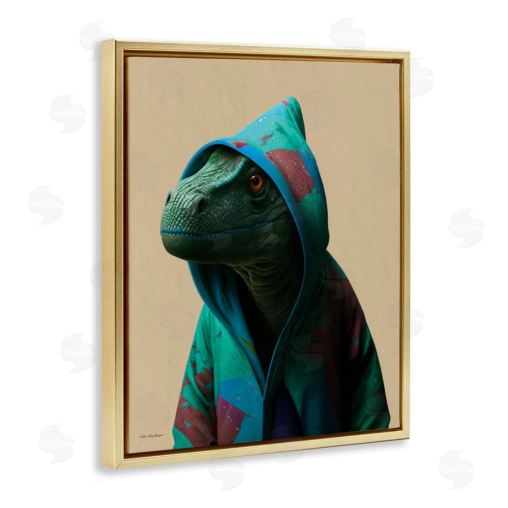 Seven Trees Design Dinosaur in Stylish Hoodie Gold Floating Frame Canvas Wall Art Print