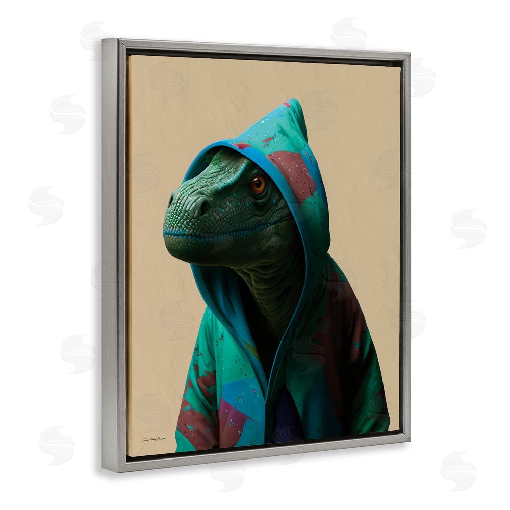 Seven Trees Design Dinosaur in Stylish Hoodie Grey Floating Frame Canvas Wall Art Print