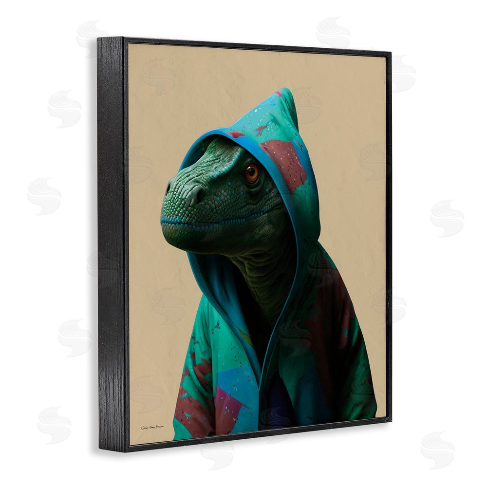 Seven Trees Design Dinosaur in Stylish Hoodie Black Framed Giclee Wall Art Print