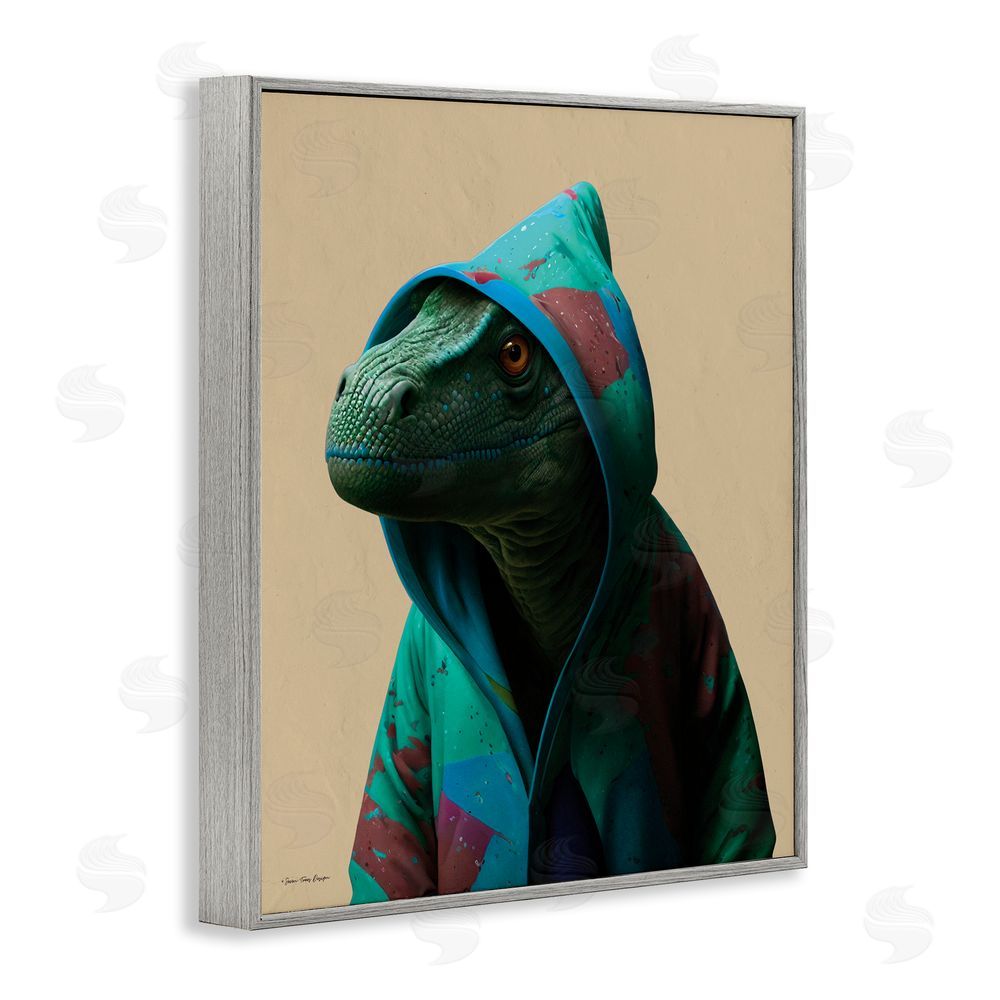 Seven Trees Design Dinosaur in Stylish Hoodie Gray Framed Giclee Wall Art Print
