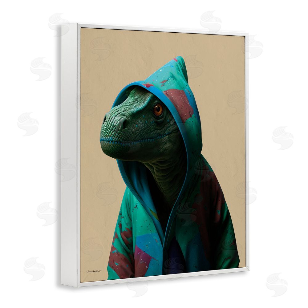 Seven Trees Design Dinosaur in Stylish Hoodie White Framed Giclee Wall Art Print