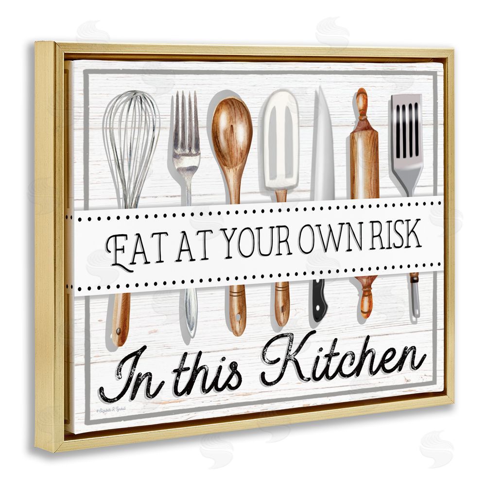 Elizabeth Tyndall Eat at Own Risk Phrase Gold Floating Frame Canvas Wall Art Print