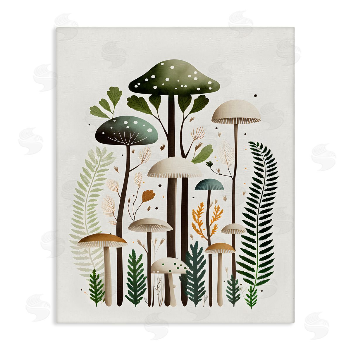 Petal Prints Design Whimsical Green Mushrooms Stretched Canvas Wall Art Print