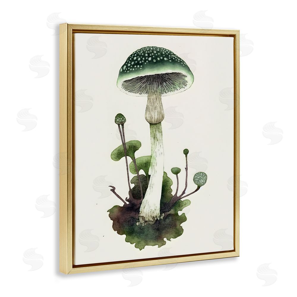 Petal Prints Design Forest Green Mushroom Gold Floating Frame Canvas Wall Art Print