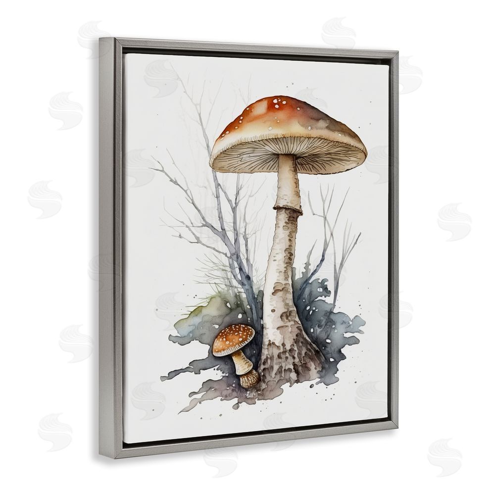 Petal Prints Design Mushroom Watercolor Splash Grey Floating Frame Canvas Wall Art Print