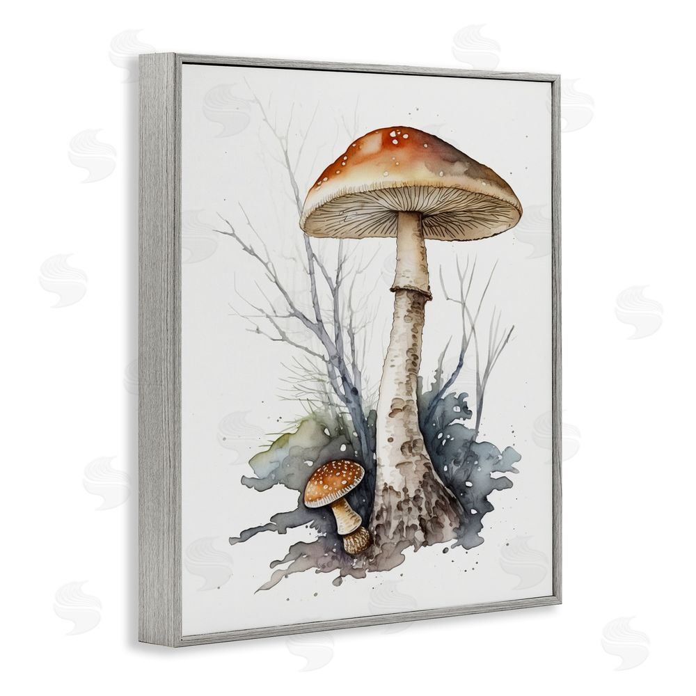 Petal Prints Design Mushroom Watercolor Splash Gray Framed Giclee Wall Art Print