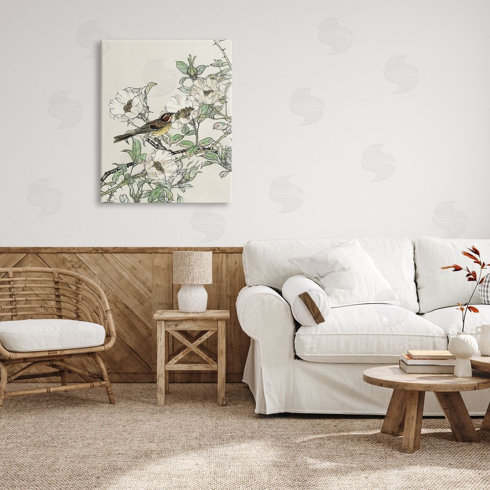 Nan Delicate Bird & Blossoms Canvas Wall Art Print in Room
