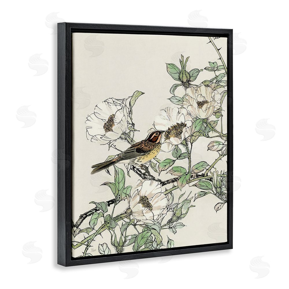 Nan Delicate Bird & Blossoms Black Floating Frame Canvas Wall Art Print