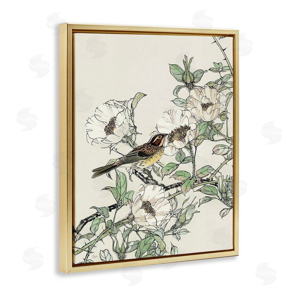 Nan Delicate Bird & Blossoms Gold Floating Frame Canvas Wall Art Print