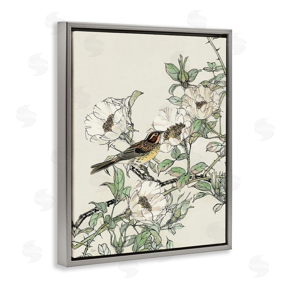 Nan Delicate Bird & Blossoms Grey Floating Frame Canvas Wall Art Print