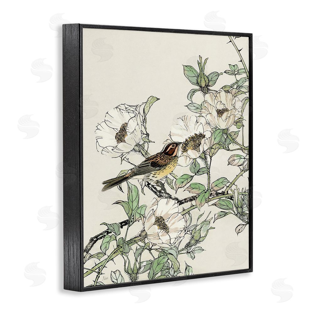 Nan Delicate Bird & Blossoms Black Framed Giclee Wall Art Print