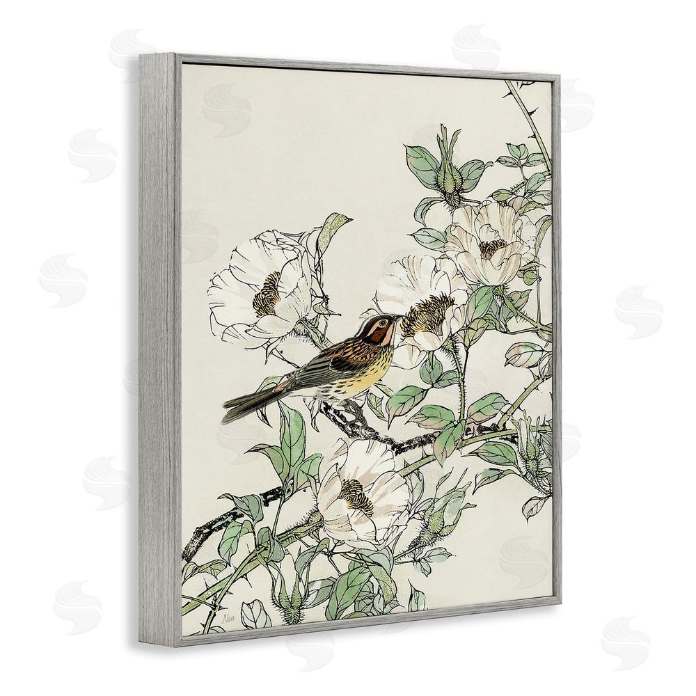 Nan Delicate Bird & Blossoms Gray Framed Giclee Wall Art Print