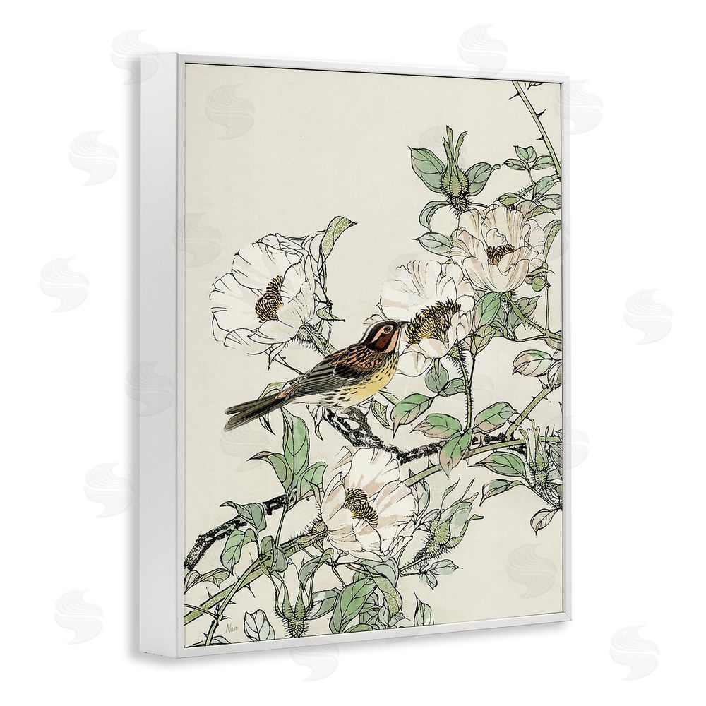 Nan Delicate Bird & Blossoms White Framed Giclee Wall Art Print