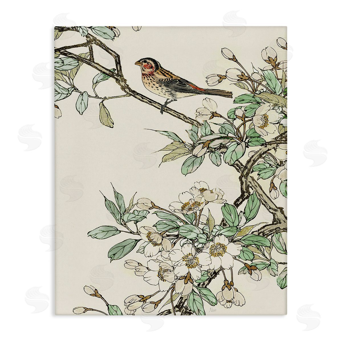 Nan Traditional Dogwood & Bird Stretched Canvas Wall Art Print