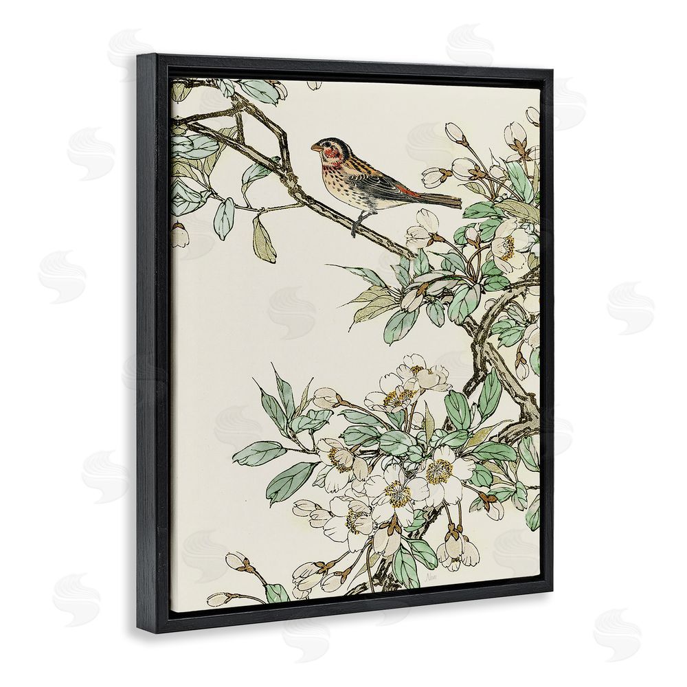 Nan Traditional Dogwood & Bird Black Floating Frame Canvas Wall Art Print