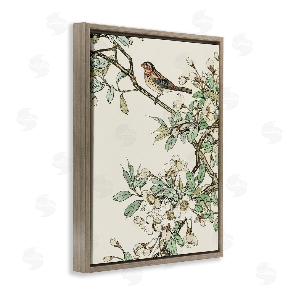 Nan Traditional Dogwood & Bird Brown Floating Frame Canvas Wall Art Print