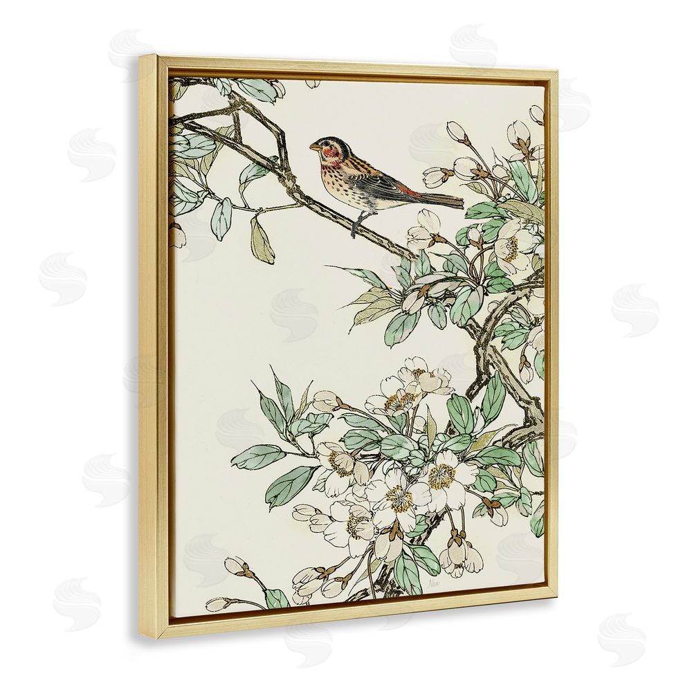 Nan Traditional Dogwood & Bird Gold Floating Frame Canvas Wall Art Print