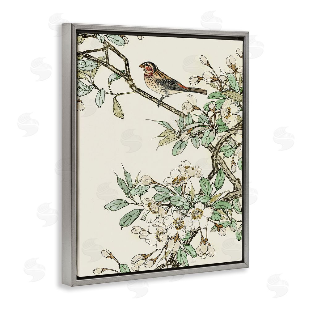 Nan Traditional Dogwood & Bird Grey Floating Frame Canvas Wall Art Print