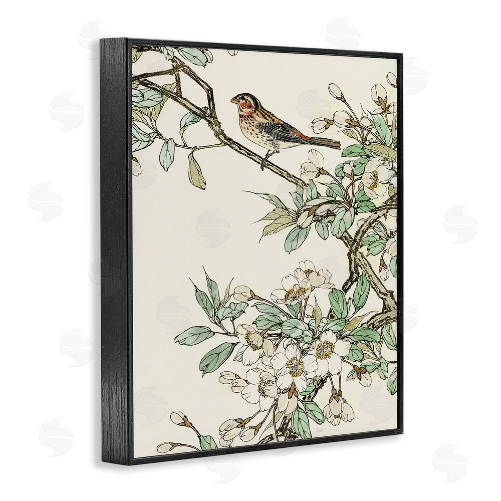 Nan Traditional Dogwood & Bird Black Framed Giclee Wall Art Print