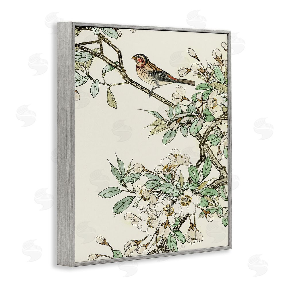 Nan Traditional Dogwood & Bird Gray Framed Giclee Wall Art Print