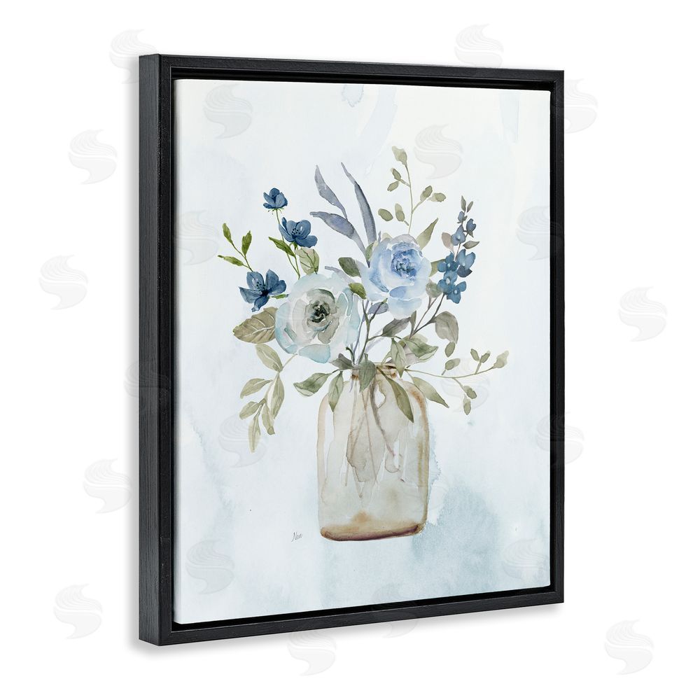 Nan Blue Bouquet in Jar Black Floating Frame Canvas Wall Art Print