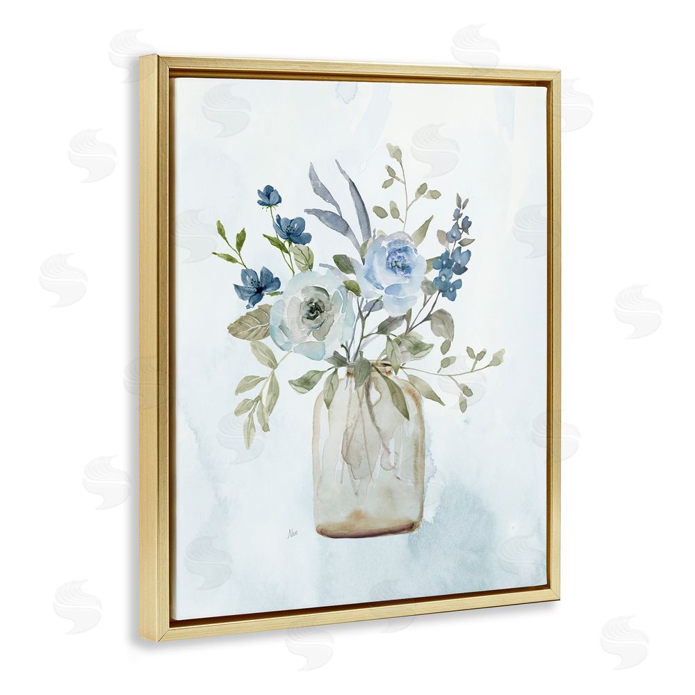 Nan Blue Bouquet in Jar Gold Floating Frame Canvas Wall Art Print