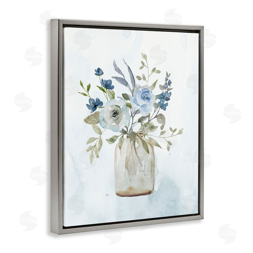 Nan Blue Bouquet in Jar Grey Floating Frame Canvas Wall Art Print