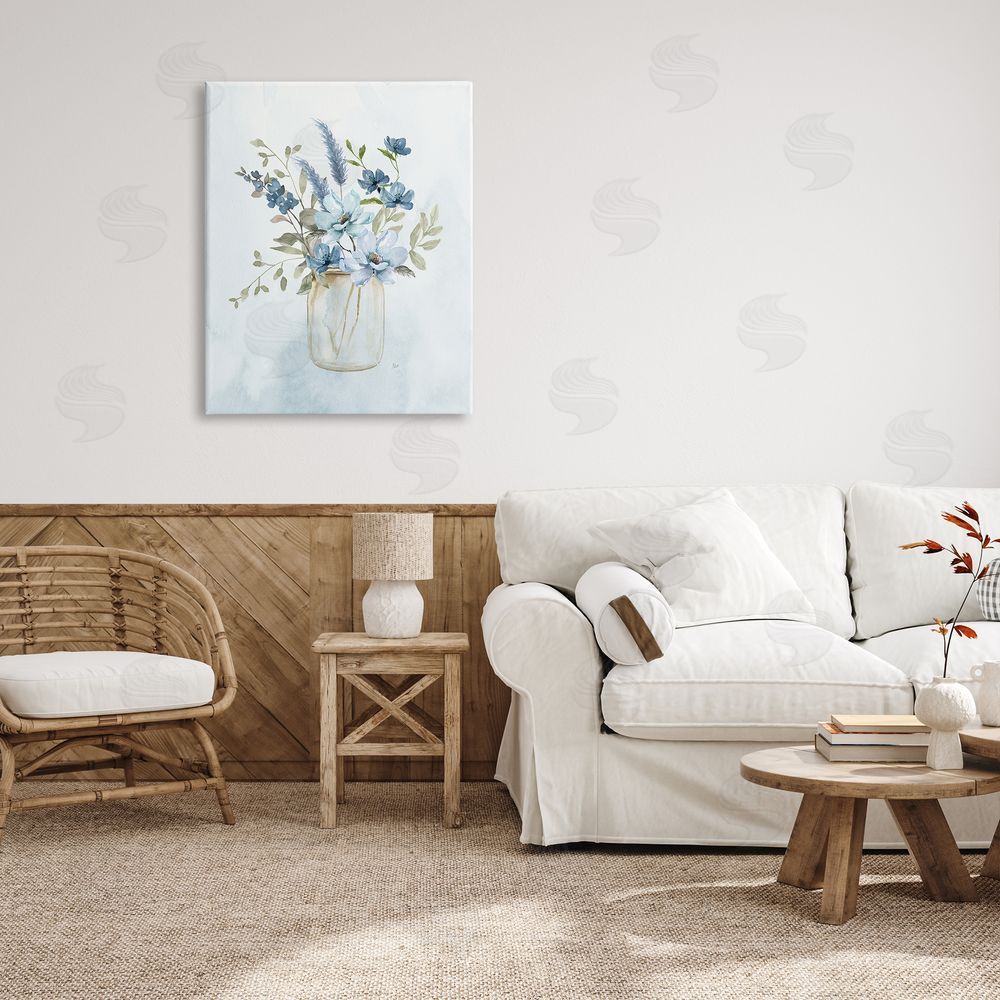 Nan Floral Blue Bouquet Canvas Wall Art Print in Room