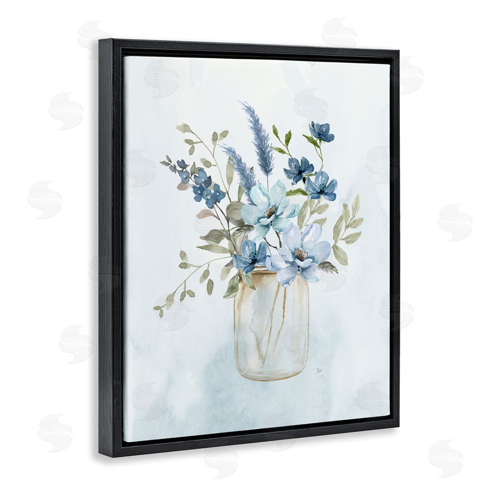 Nan Floral Blue Bouquet Black Floating Frame Canvas Wall Art Print