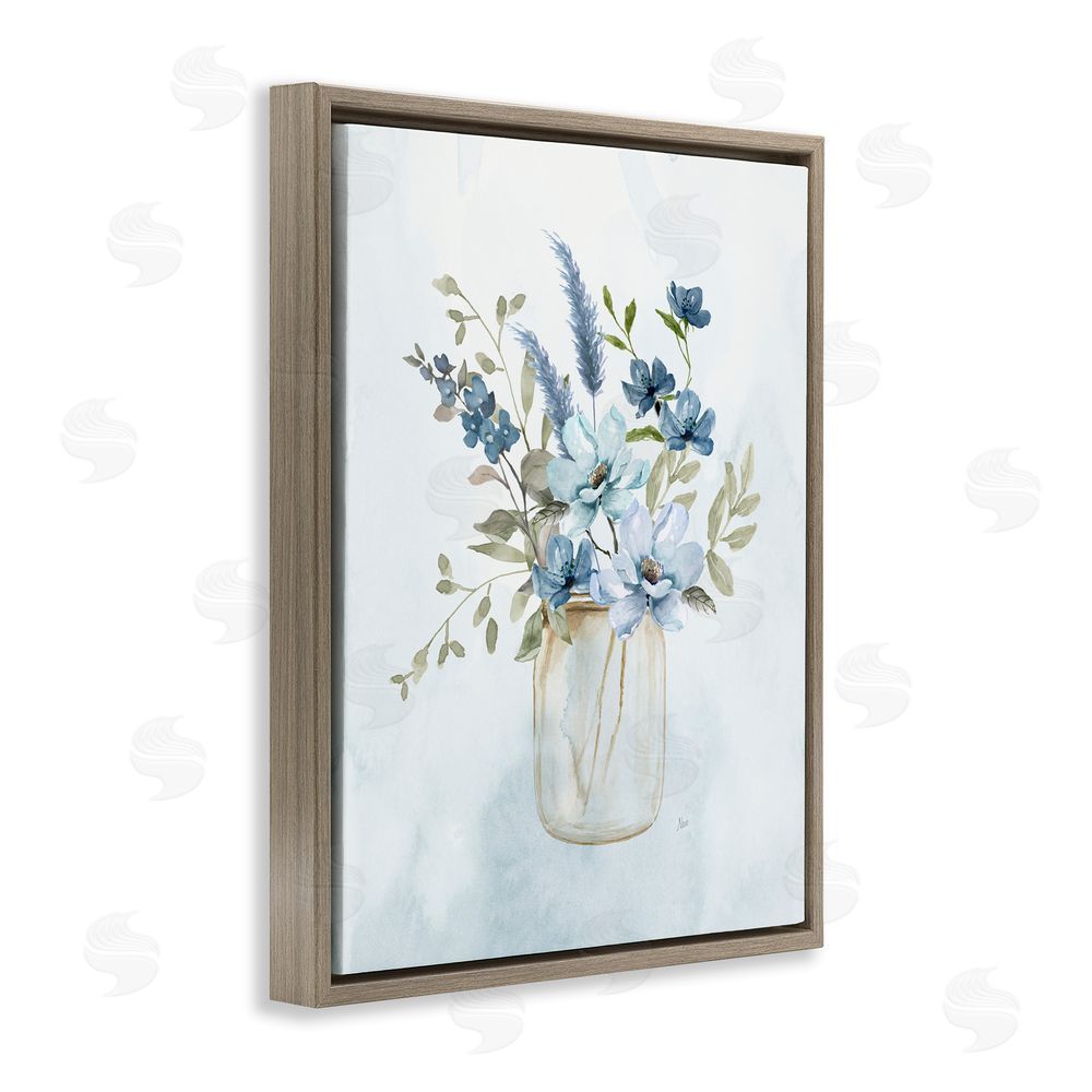 Nan Floral Blue Bouquet Brown Floating Frame Canvas Wall Art Print