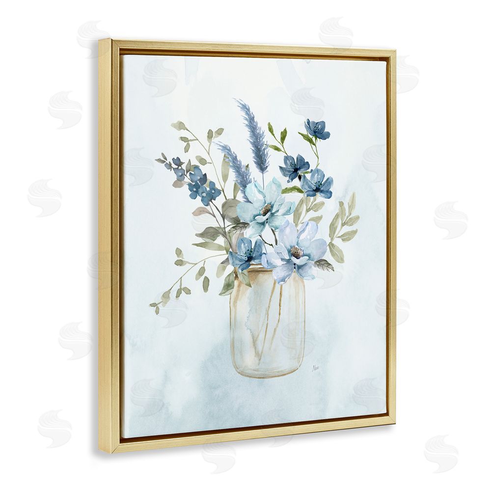 Nan Floral Blue Bouquet Gold Floating Frame Canvas Wall Art Print