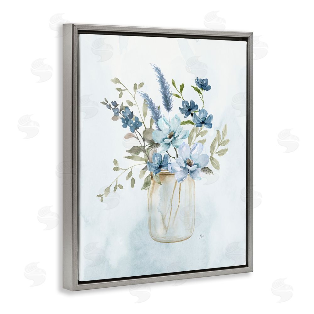 Nan Floral Blue Bouquet Grey Floating Frame Canvas Wall Art Print