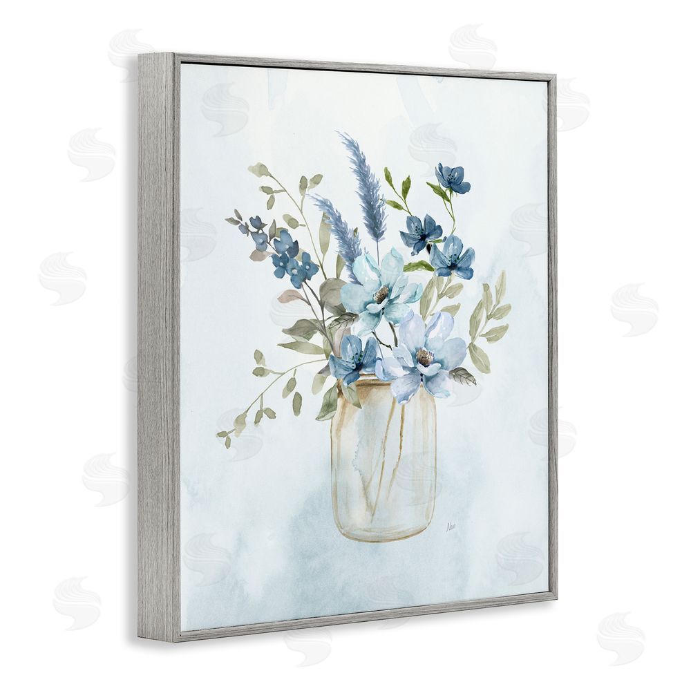 Nan Floral Blue Bouquet Gray Framed Giclee Wall Art Print