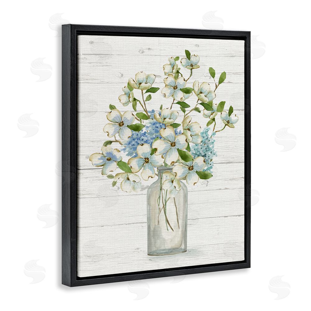 Nan Rustic Planked Dogwood Bouquet Black Floating Frame Canvas Wall Art Print