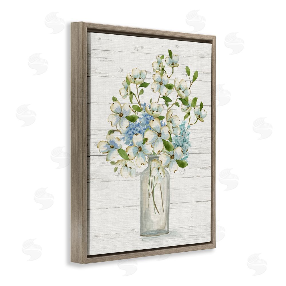 Nan Rustic Planked Dogwood Bouquet Brown Floating Frame Canvas Wall Art Print