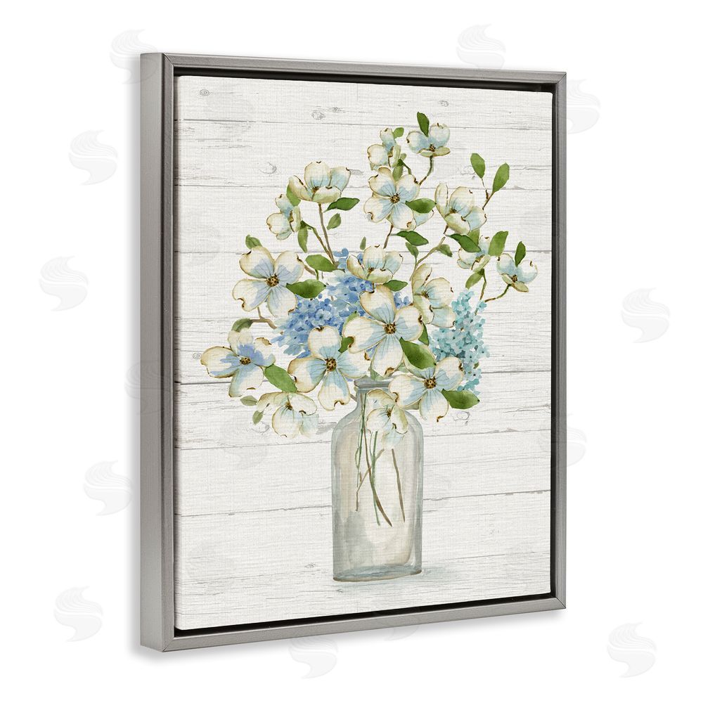 Nan Rustic Planked Dogwood Bouquet Grey Floating Frame Canvas Wall Art Print