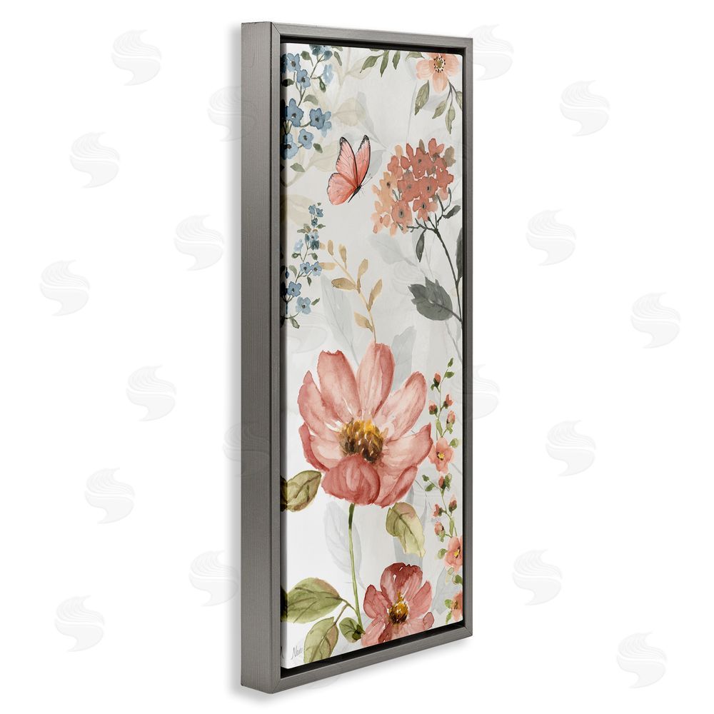 Nan Blossom & Butterfly Pattern Grey Floating Frame Canvas Wall Art Print