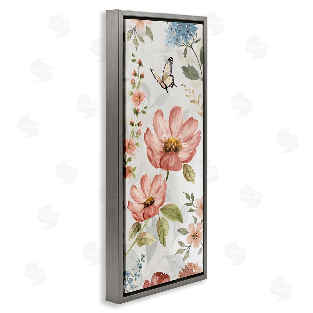 Nan Garden Blossoms Pattern Grey Floating Frame Canvas Wall Art Print