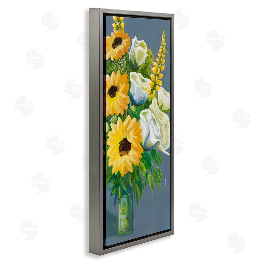 Fab Funky Sunflowers & White Roses Grey Floating Frame Canvas Wall Art Print