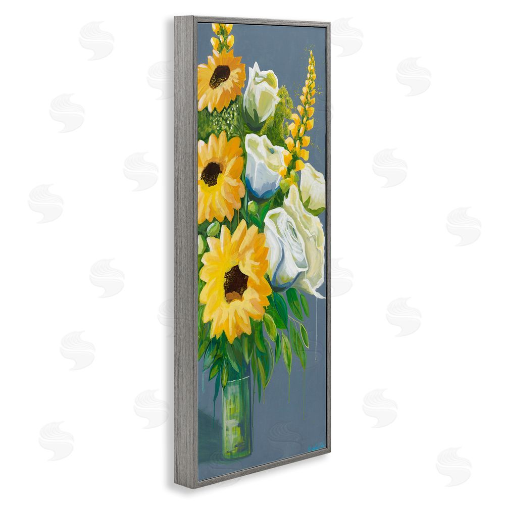 Fab Funky Sunflowers & White Roses Gray Framed Giclee Wall Art Print