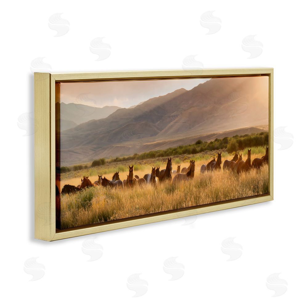 PH Burchett Horse Herd in Mountains Gold Floating Frame Canvas Wall Art Print