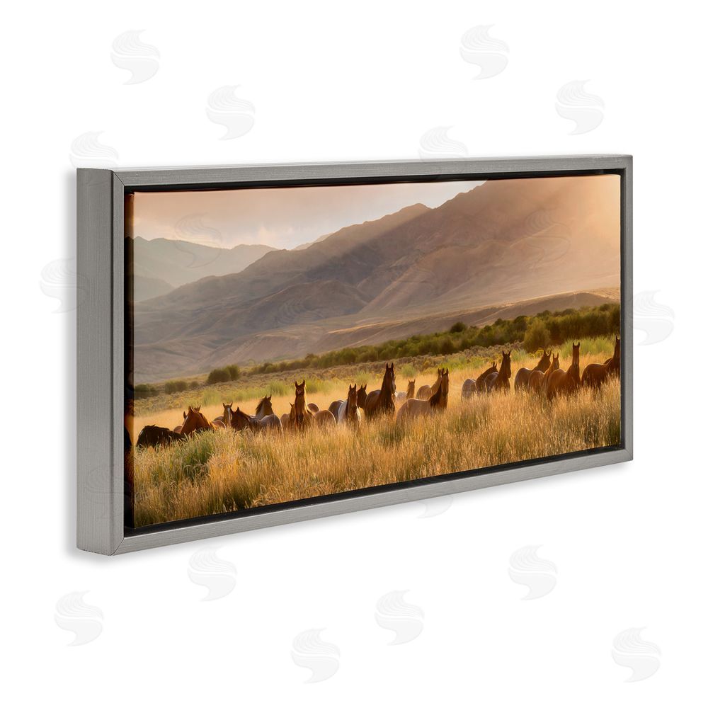 PH Burchett Horse Herd in Mountains Grey Floating Frame Canvas Wall Art Print