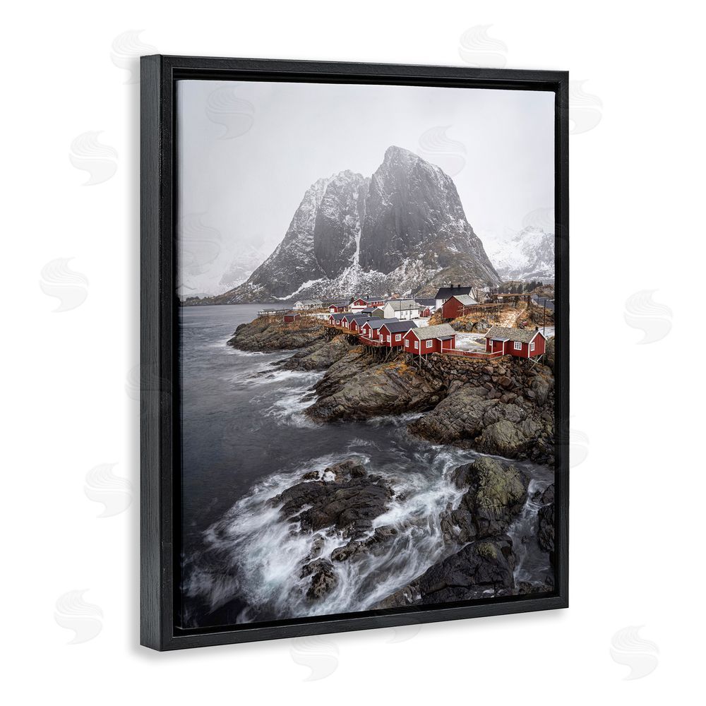 Danny Head Snowy Coastal Village Black Floating Frame Canvas Wall Art Print