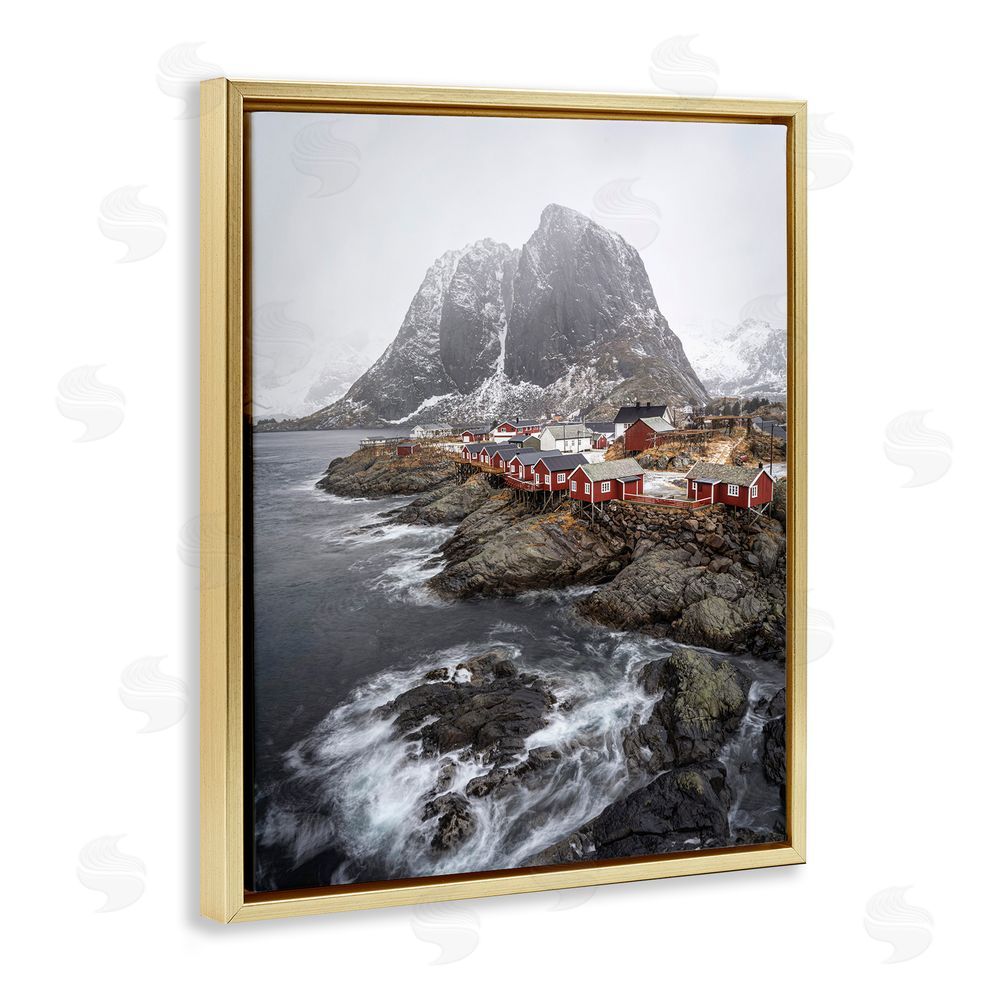 Danny Head Snowy Coastal Village Gold Floating Frame Canvas Wall Art Print