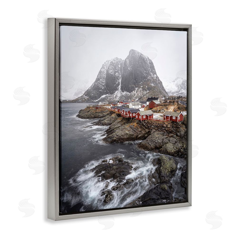 Danny Head Snowy Coastal Village Grey Floating Frame Canvas Wall Art Print