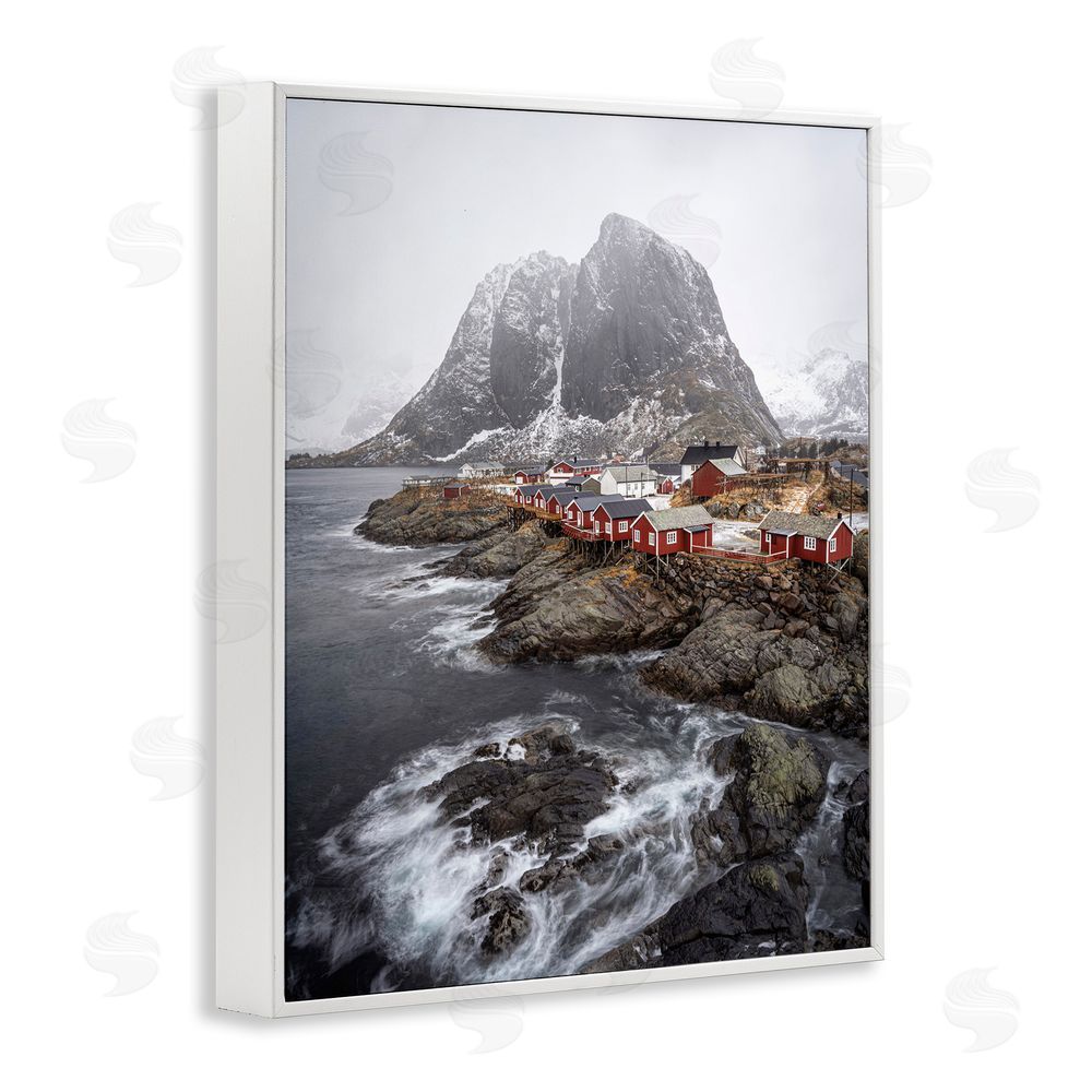 Danny Head Snowy Coastal Village White Framed Giclee Wall Art Print