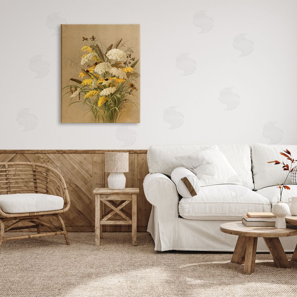 Lettered and Lined Vintage Daisy Bouquet Canvas Wall Art Print in Room