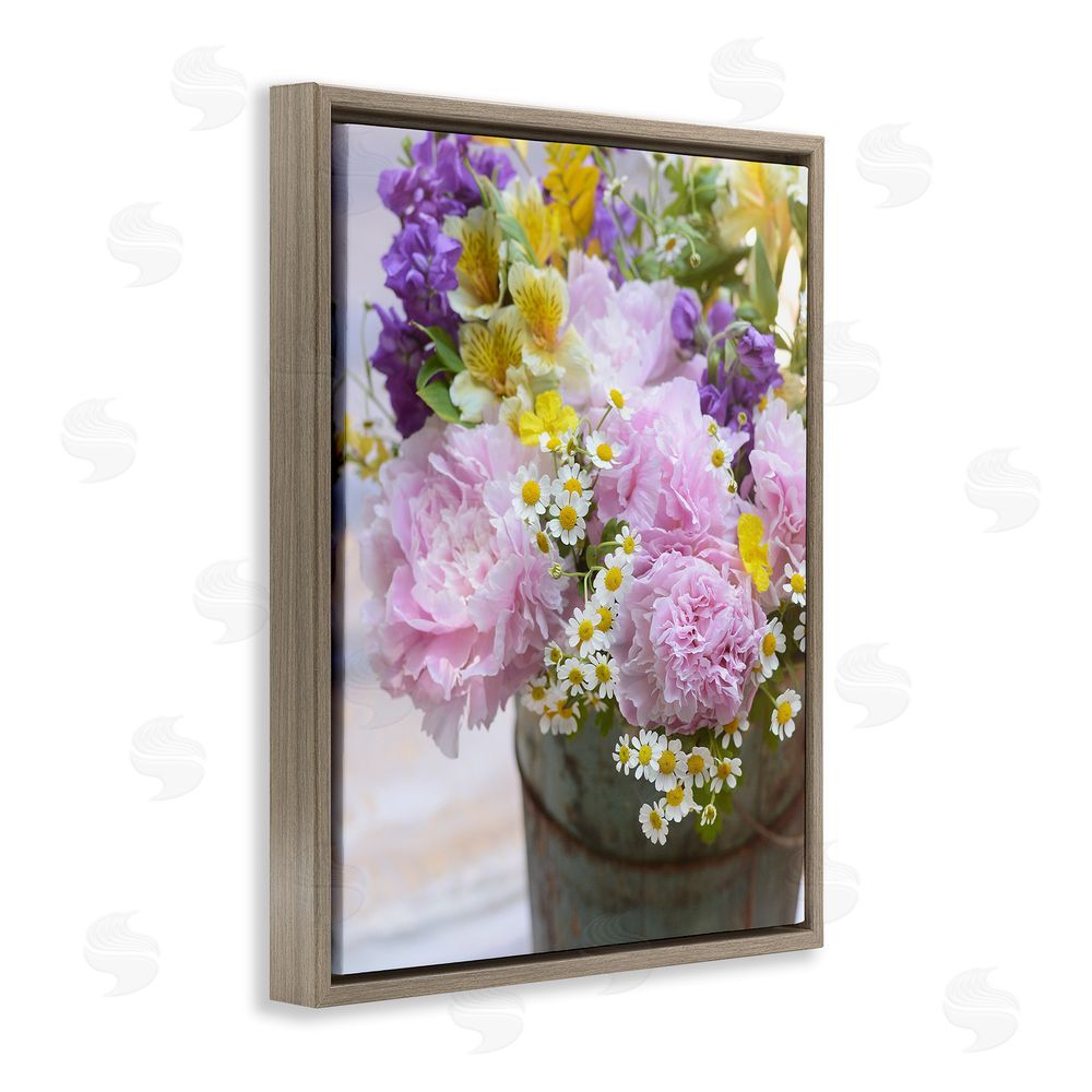Claire Brocato Spring Blooms in Bucket Brown Floating Frame Canvas Wall Art Print