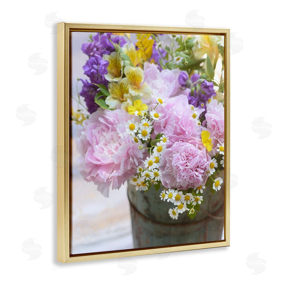 Claire Brocato Spring Blooms in Bucket Gold Floating Frame Canvas Wall Art Print